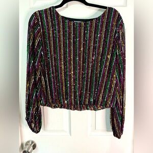 Ali & Jay Multicolor Sequin Striped Long Sleeve Crop Top  Party Holiday Blouse L
